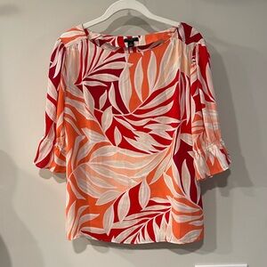 LOFT Petite Tropical Mixed Media Puff Sleeve Ruffle Top